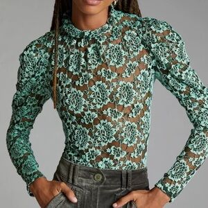 Anthropologie Green Floral Lace Top